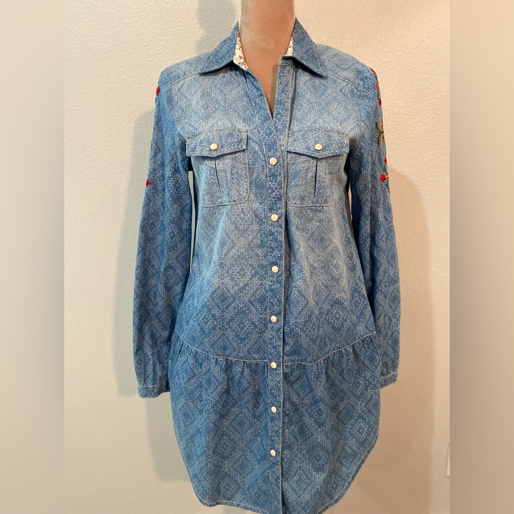 Tasha Polizzi Blue Denim Embroidered Shirt Dress